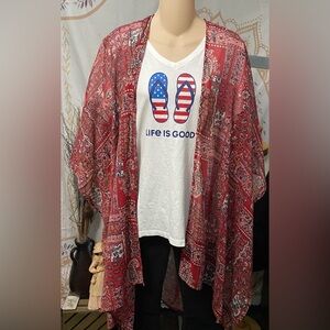 NWT AMERICAN EAGLE Red FLORAL Short SLEEVE Long KIMONO Boho DUSTER Cardigan XS/S